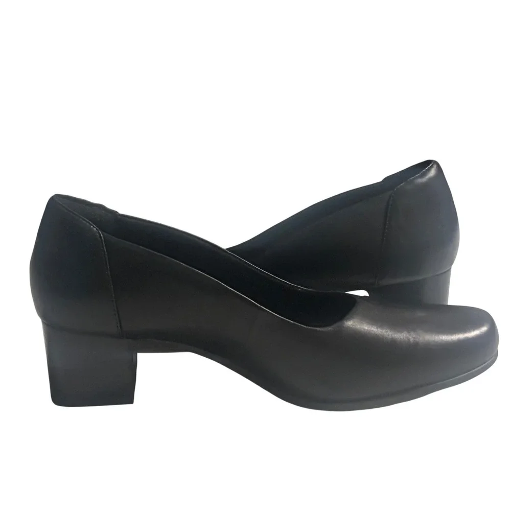 Clarks Unstructured Black Leather Block Heel Pumps Round Toe‎ Womens 10 M